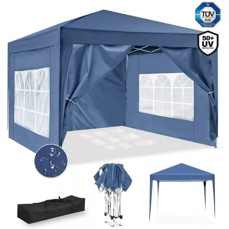 Carpa plegable azul con todas las paredes y ventanas