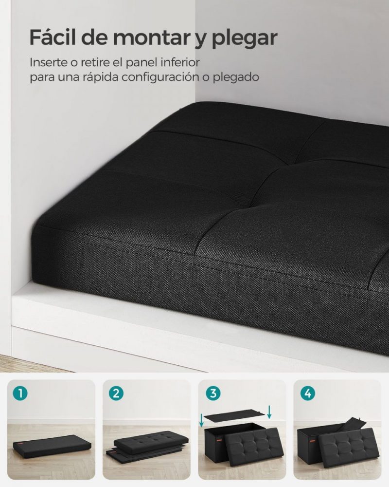 Baúl taburete plegable de almacenaje, 76x38x38 cm, negro - Imagen 4