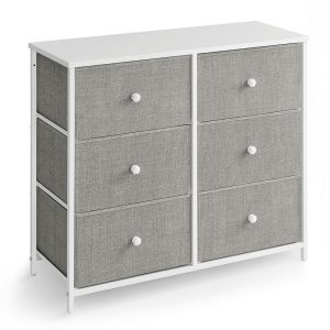Cómoda estilo industrial 6 cajones tela, marco acero, gris claro y blanco