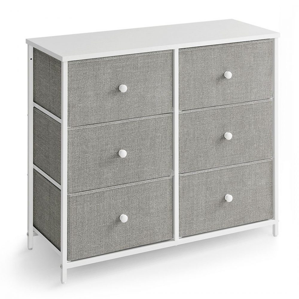 Cómoda estilo industrial 6 cajones tela, marco acero, gris claro y blanco