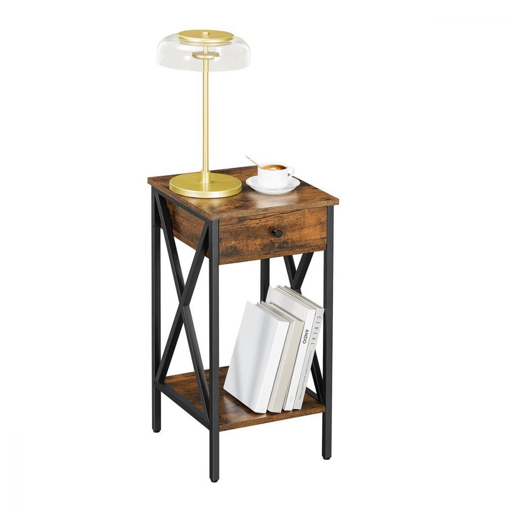 Mesita de noche industrial con cajón y estante, marrón y negro - Imagen 3