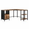 Escritorio de esquina con archivador y estantes, marrón rústico