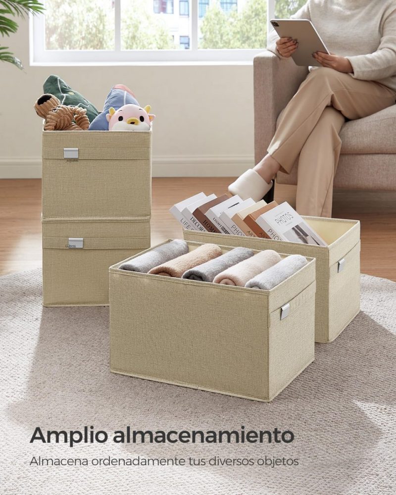 Juego 4 cajas almacenaje plegables, tejido oxford y lino, beige arena - Imagen 2