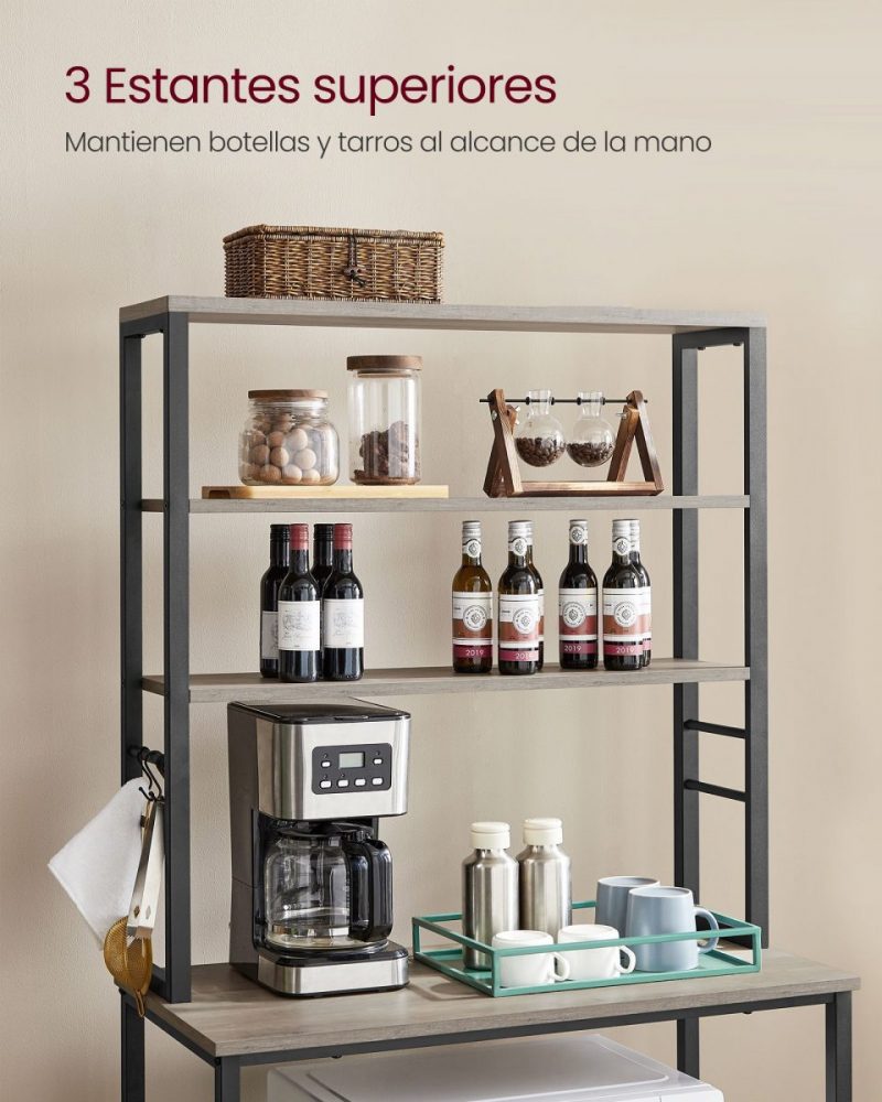 Estantería cocina industrial, estantes, 6 ganchos, greige y negro - Imagen 4