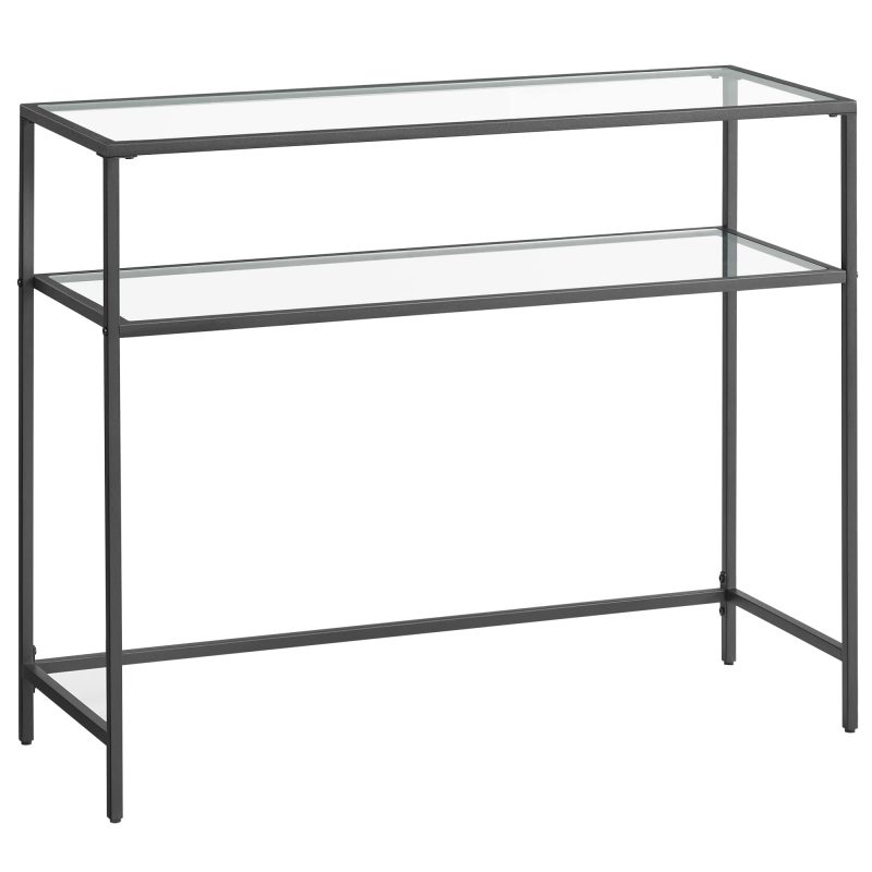 Mesa consola estantería 2 niveles, vidrio templado, metal, negro y transparente