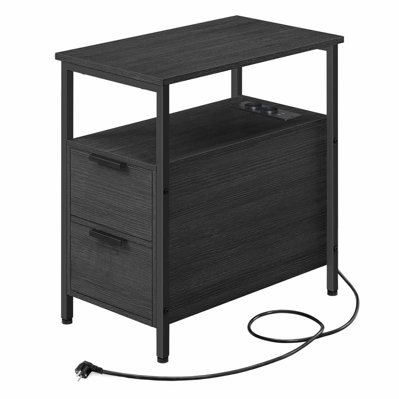 Mesa auxiliar multifuncional con multienchufe, 2 cajones, gris ahumado