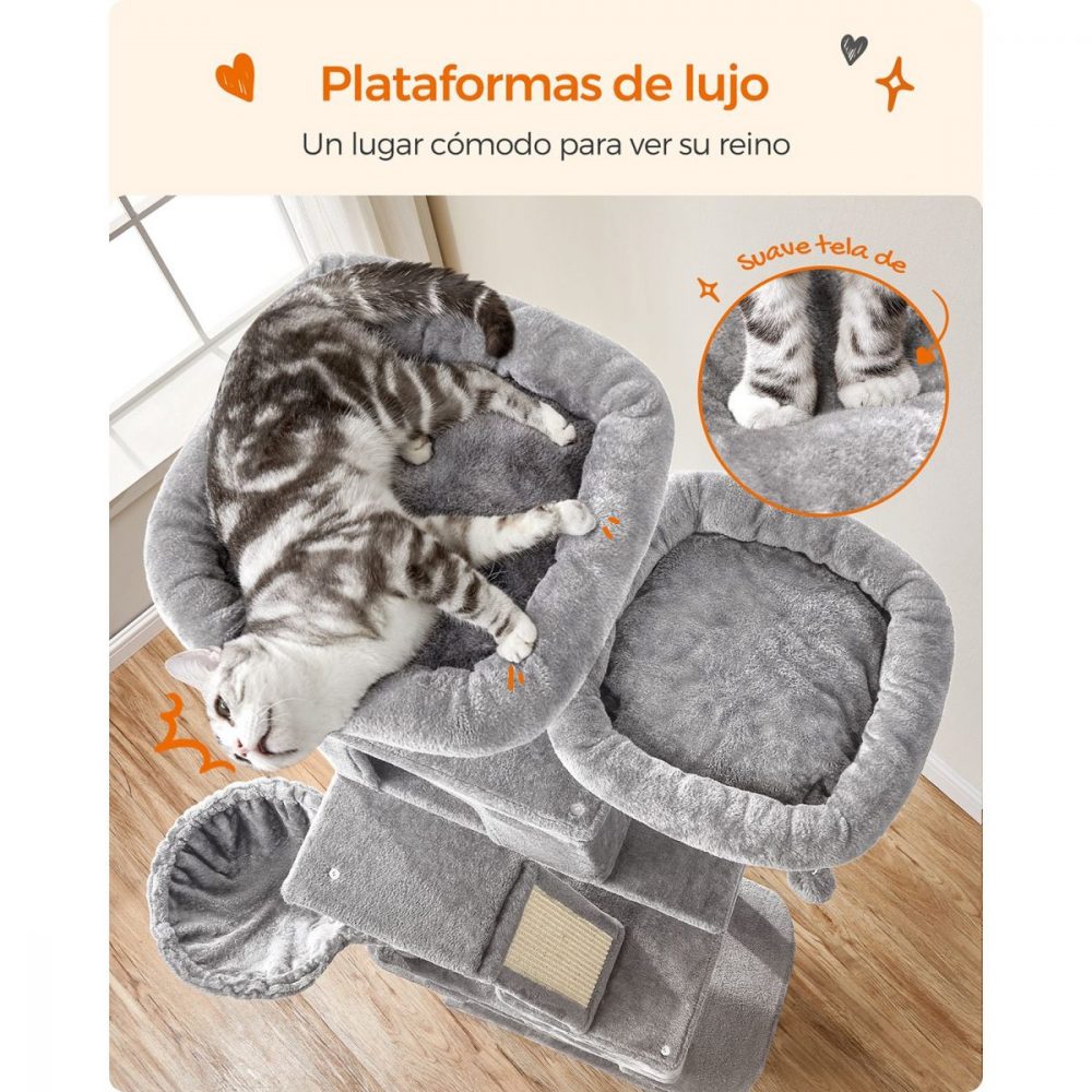 Árbol para gatos xxl de 206 cm, 13 postes, 2 plataformas, cuevas, hamaca, gris claro - Imagen 3