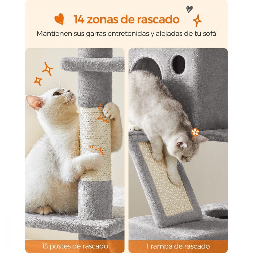 Árbol para gatos xxl de 206 cm, 13 postes, 2 plataformas, cuevas, hamaca, gris claro - Imagen 5