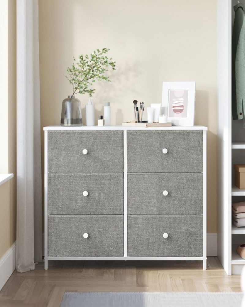 Cómoda estilo industrial 6 cajones tela, marco acero, gris claro y blanco - Imagen 3