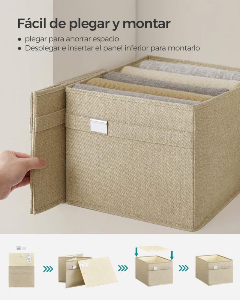 Juego 4 cajas almacenaje plegables, tejido oxford y lino, beige arena - Imagen 4