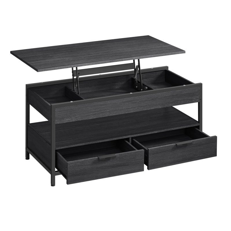 Mesa centro elevable, almacenamiento, cajones, gris ahumado y negro tinta
