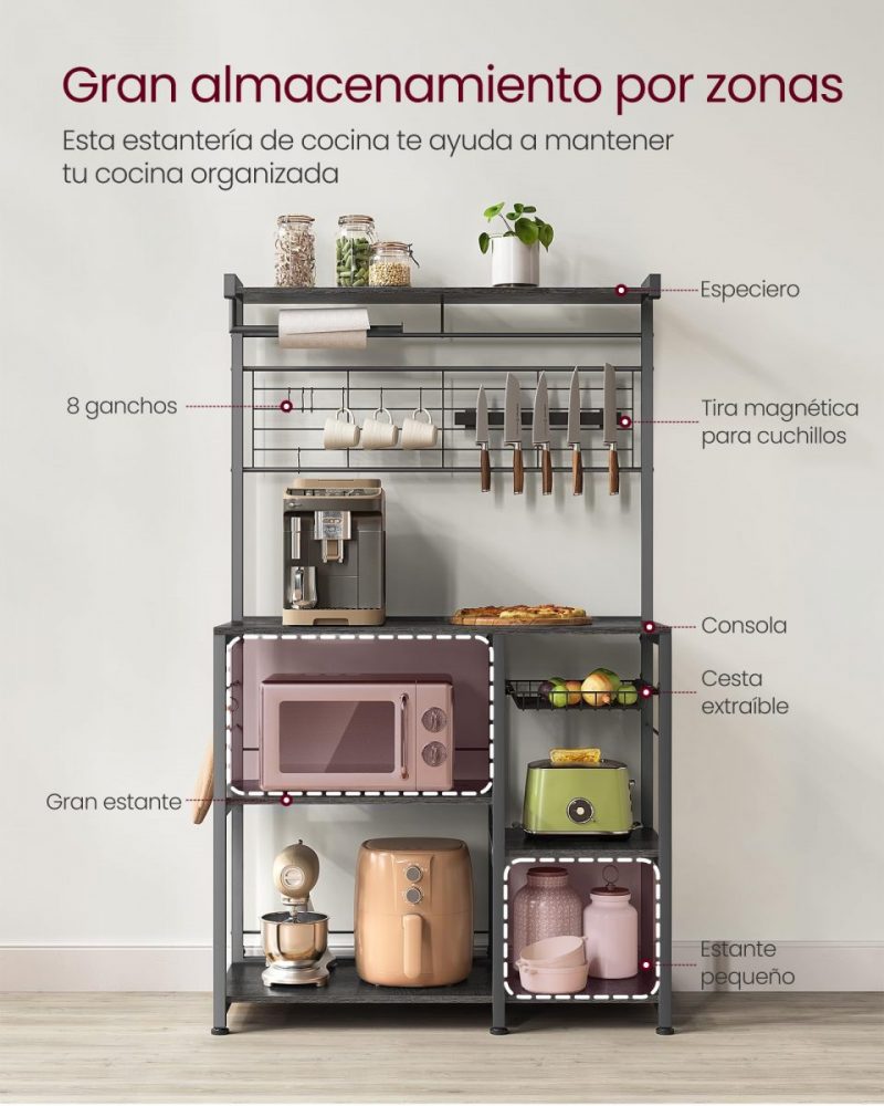 Estantería con isla de cocina, tira magnética y soporte rollos, roble ébano - Imagen 3