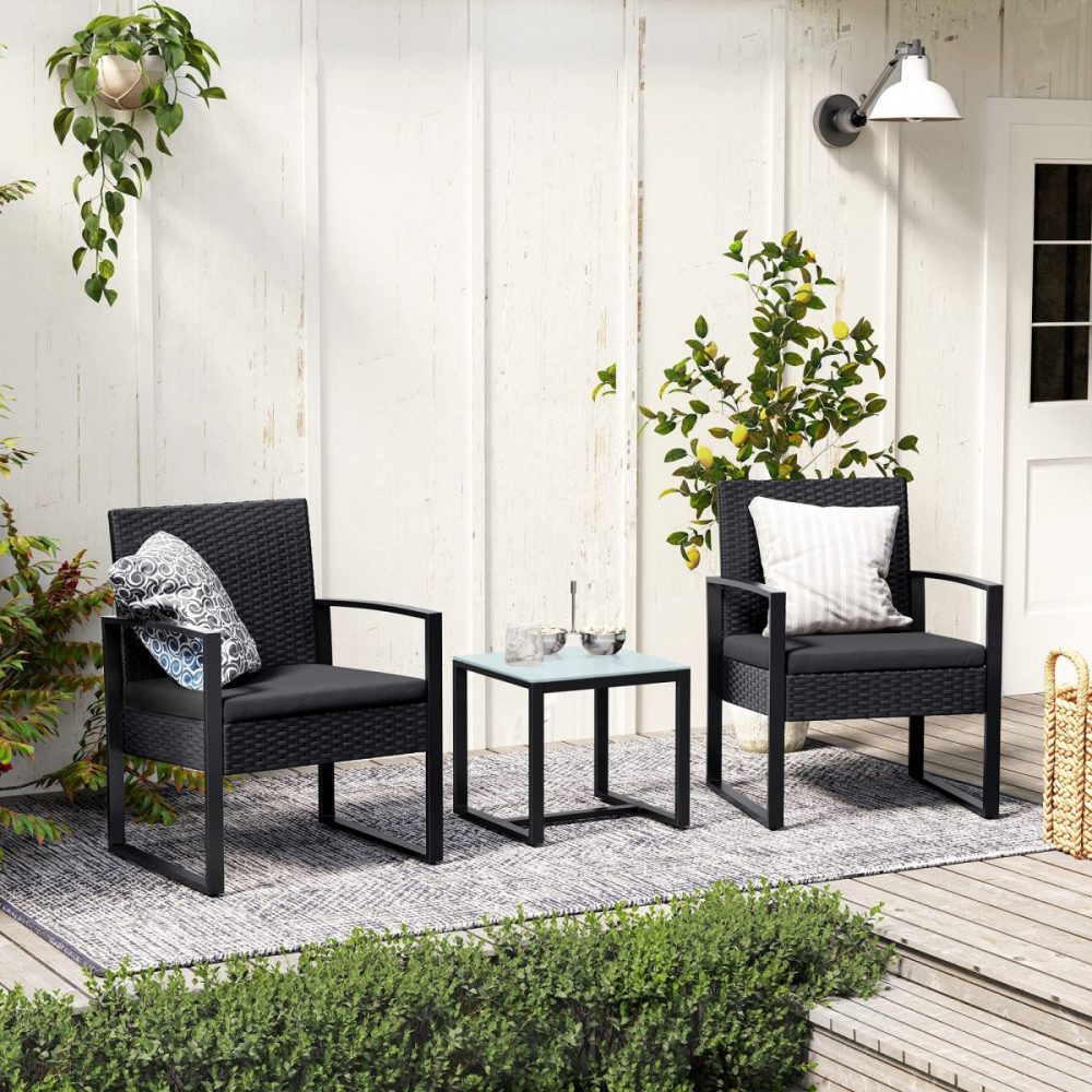 Conjunto muebles ratán jardín 3 piezas, sillas y mesa, negro - Imagen 2