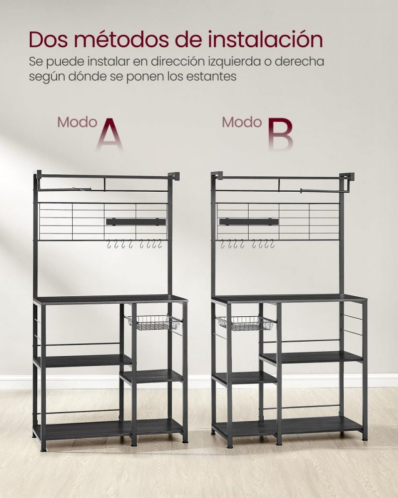 Estantería con isla de cocina, tira magnética y soporte rollos, roble ébano - Imagen 5