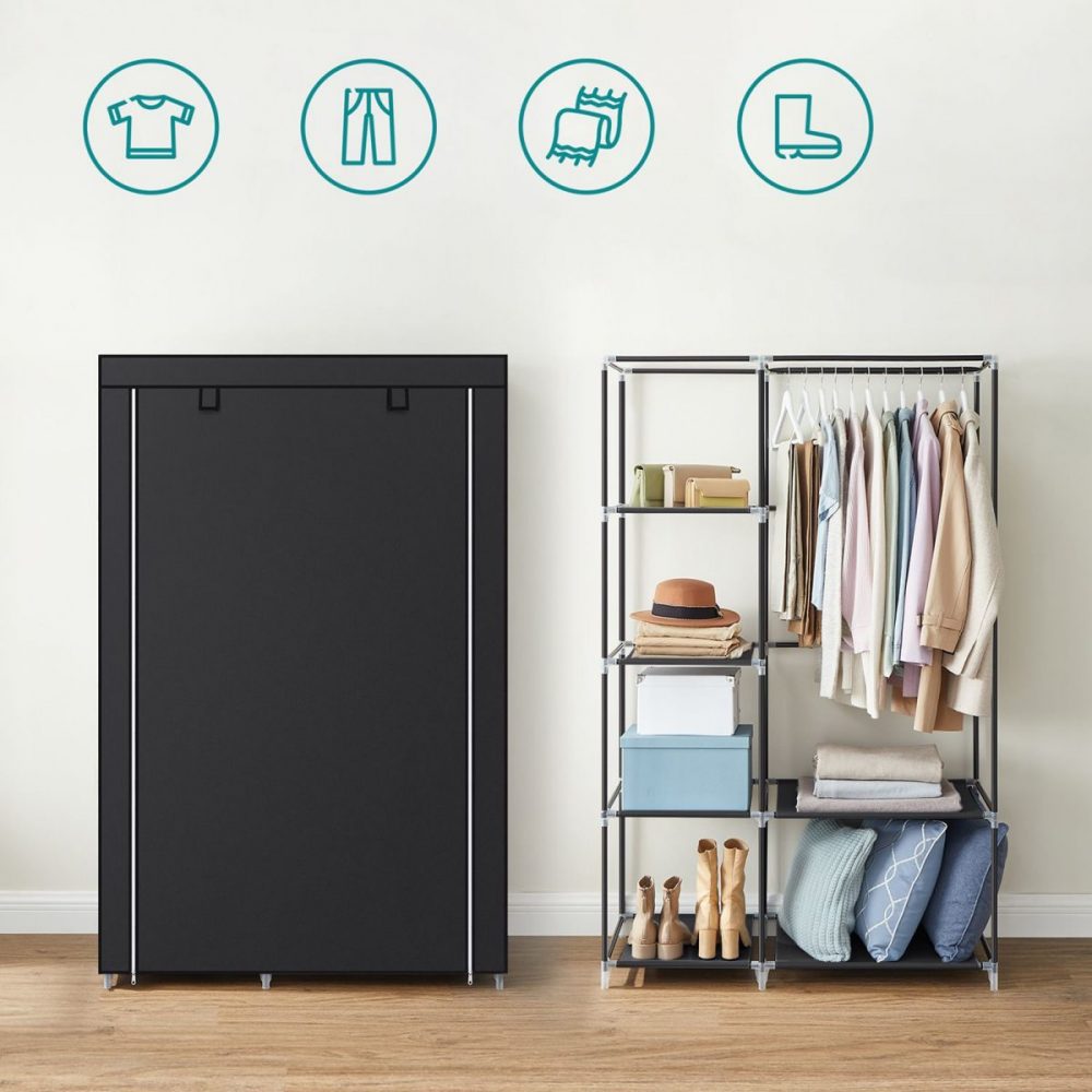 Armario de ropa de tela con barra colgante y 6 estantes, negro - Imagen 4