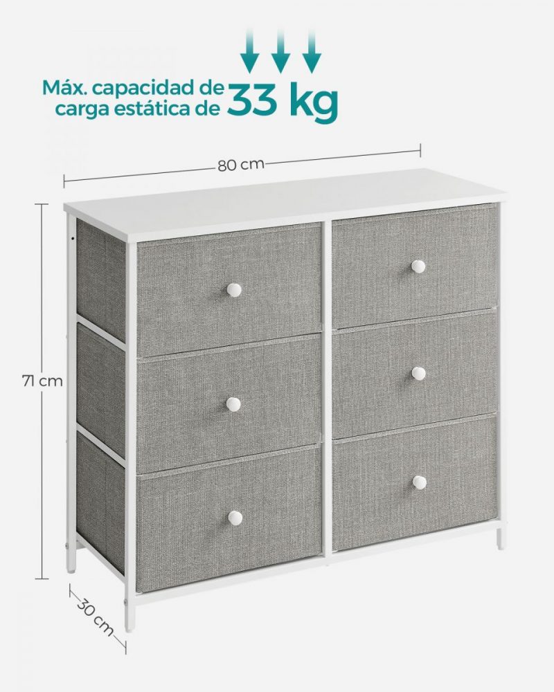 Cómoda estilo industrial 6 cajones tela, marco acero, gris claro y blanco - Imagen 8