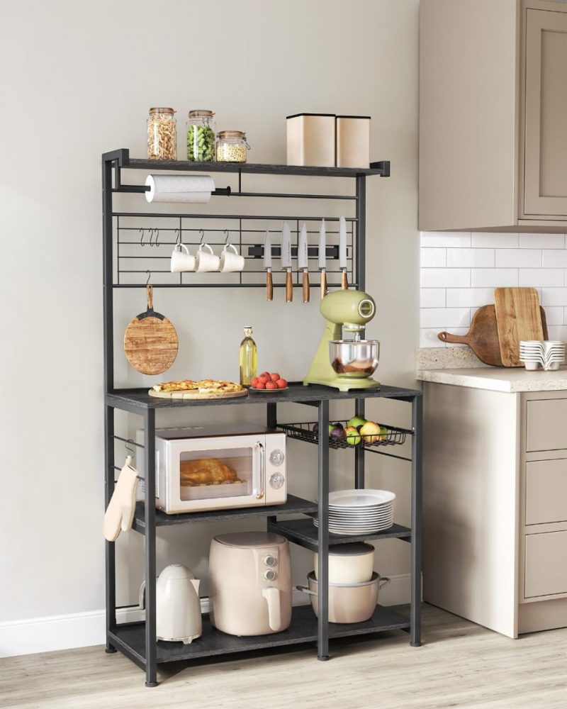 Estantería con isla de cocina, tira magnética y soporte rollos, roble ébano - Imagen 2