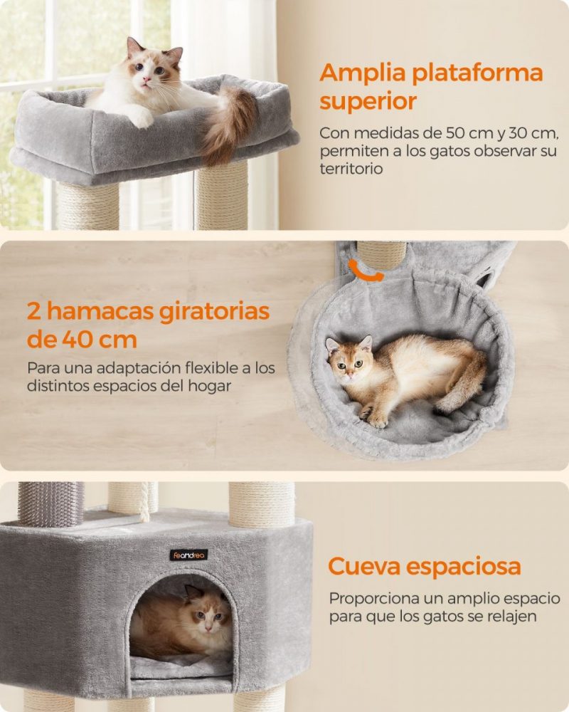 Árbol para gatos grande con almohadillas autocalentables, gris y blanco - Imagen 6