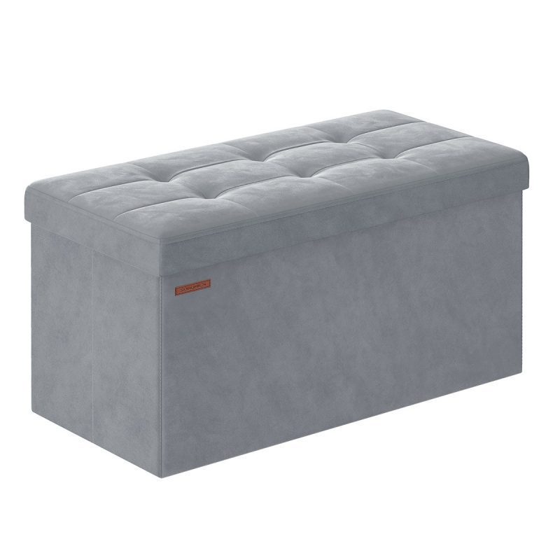 Banco almacenaje terciopelo, reposapiés, 2 cajas, gris paloma