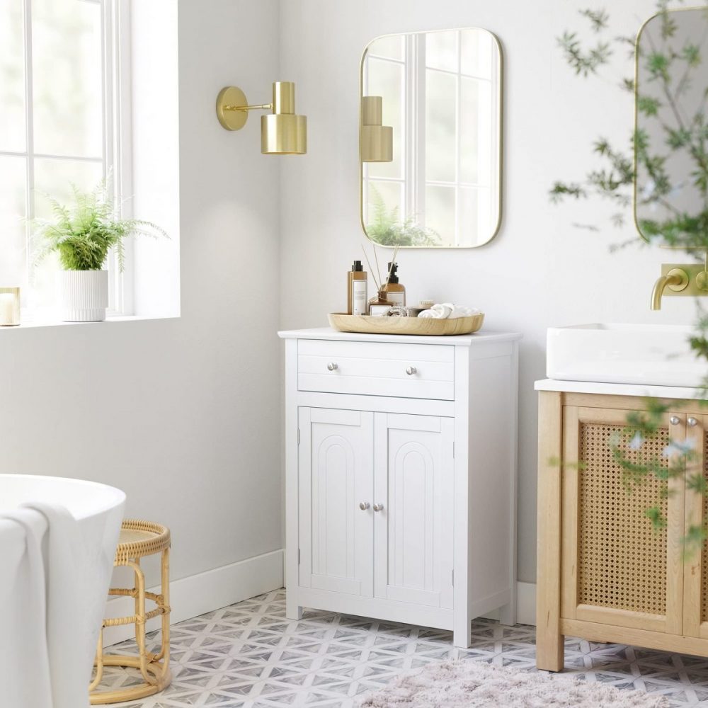 Armario de baño con cajón, balda ajustable, blanco - Imagen 7