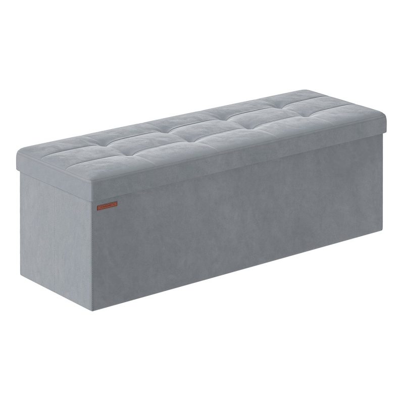 Banco almacenaje terciopelo, taburete reposapiés, gris paloma