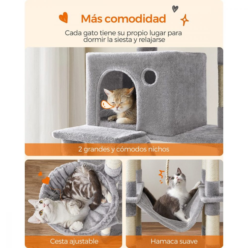 Árbol para gatos xxl de 206 cm, 13 postes, 2 plataformas, cuevas, hamaca, gris claro - Imagen 4