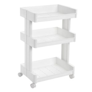 Carrito de plástico de 3 niveles con ruedas, blanco, organizador