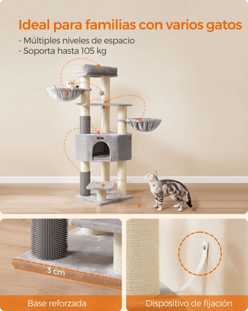 Árbol para gatos grande con almohadillas autocalentables, gris y blanco - Imagen 3