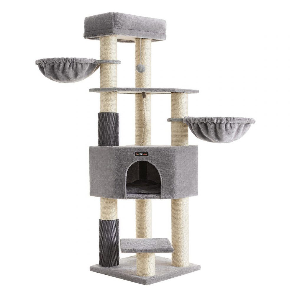 Árbol para gatos grande con almohadillas autocalentables, gris y blanco