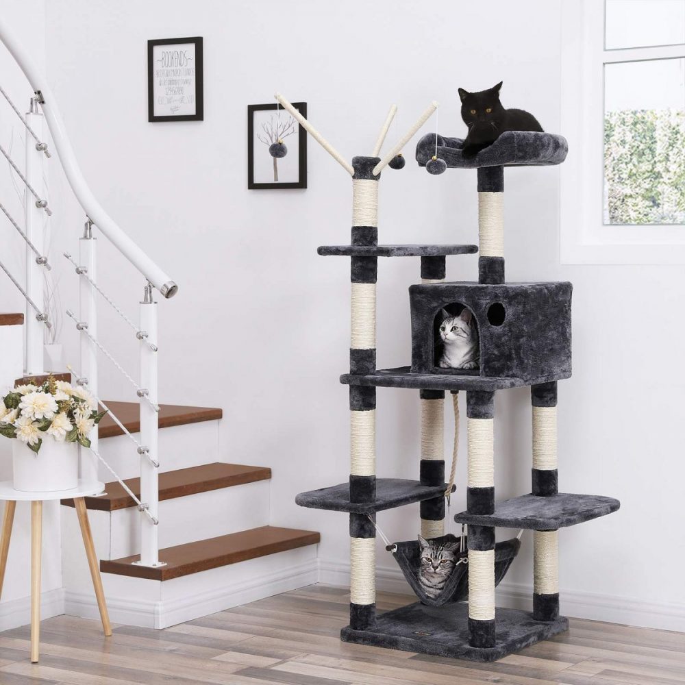 Árbol para gatos rascador, nidos, hamaca, plataformas, 154 cm, gris antracita - Imagen 5