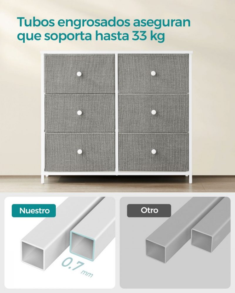 Cómoda estilo industrial 6 cajones tela, marco acero, gris claro y blanco - Imagen 4