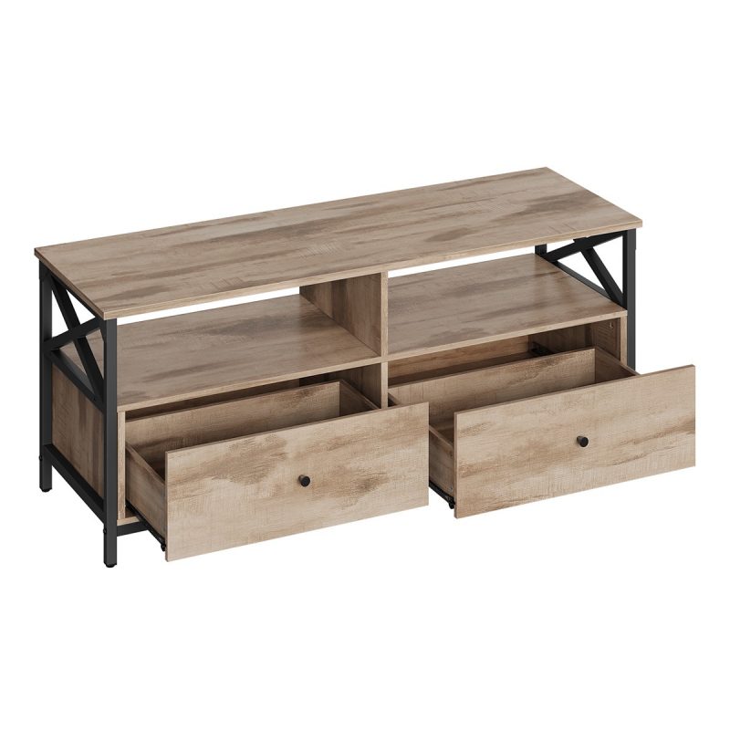 Mueble tv con 2 cajones, estantes abiertos, marrón roble