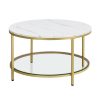 Mesa centro redonda moderna, mármol, estante vidrio, blanco
