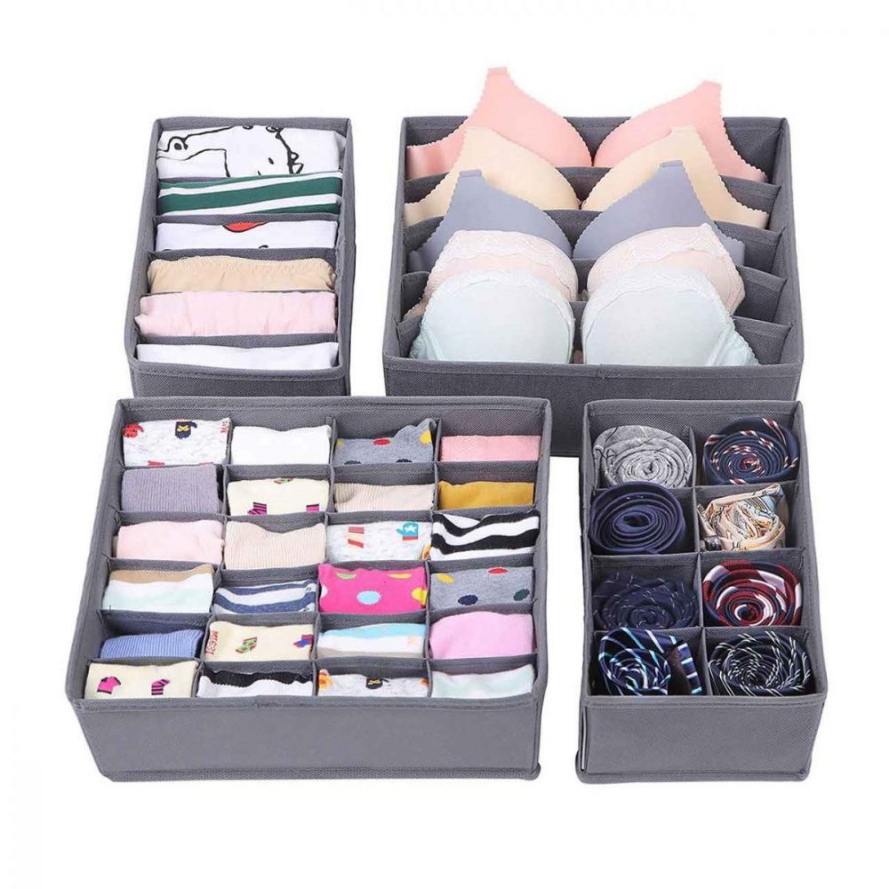 Set 4 organizadores cajones plegables, ropa interior, gris