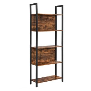 Librería estilo industrial de 5 niveles, marrón rústico y negro