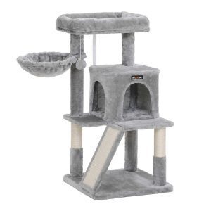 Rascador gatos, vivienda, rampa, plataforma, gris claro