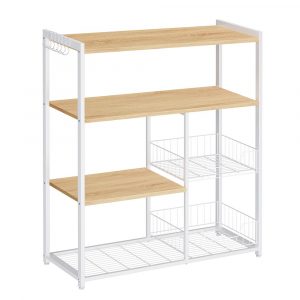 Estantería de cocina, cestas de malla, soporte microondas, nogal medio