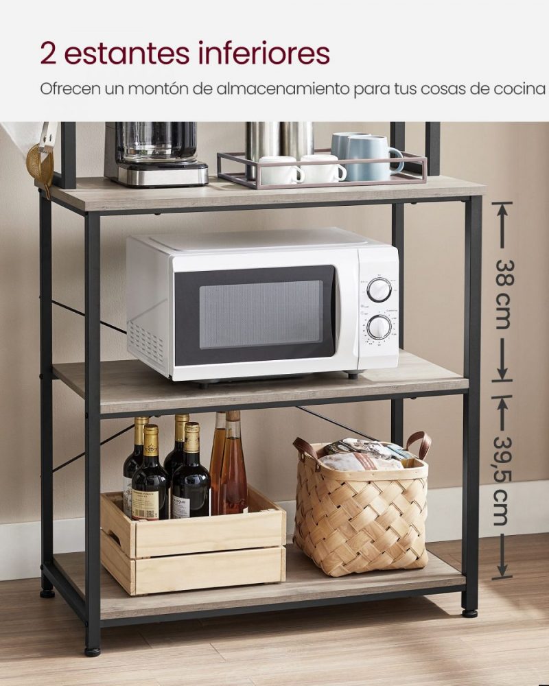 Estantería cocina industrial, estantes, 6 ganchos, greige y negro - Imagen 5