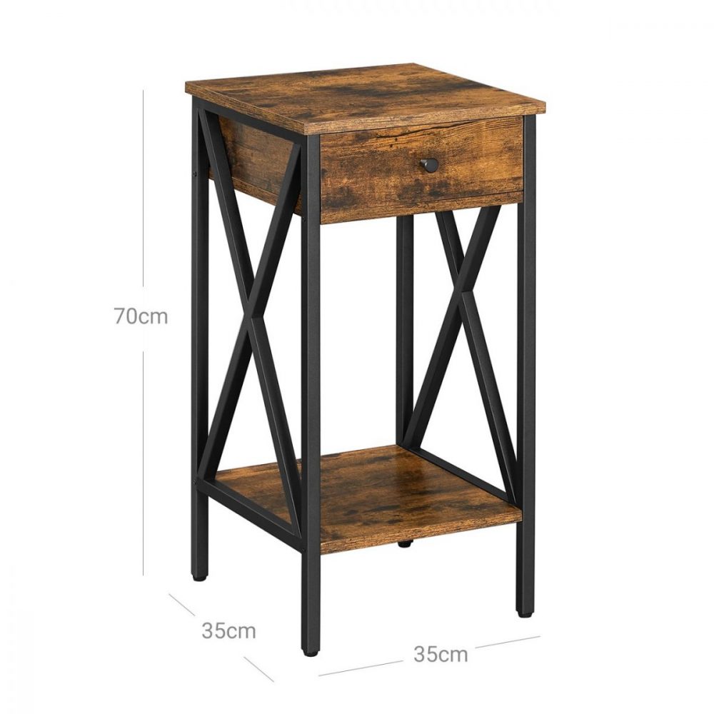 Mesita de noche industrial con cajón y estante, marrón y negro - Imagen 2