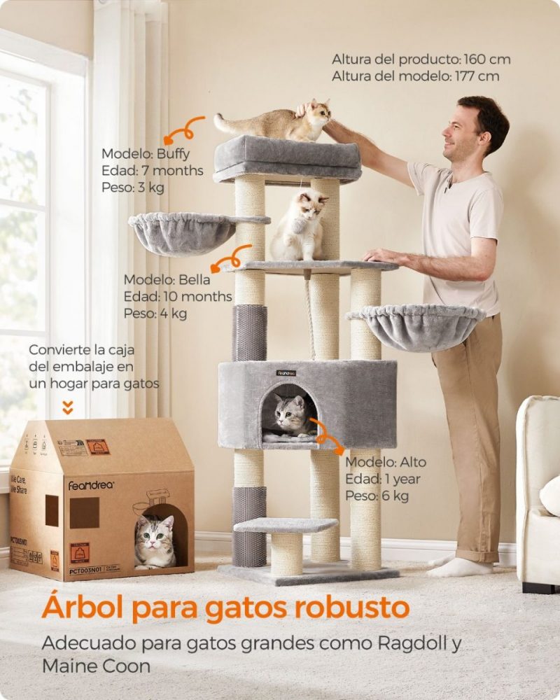 Árbol para gatos grande con almohadillas autocalentables, gris y blanco - Imagen 2