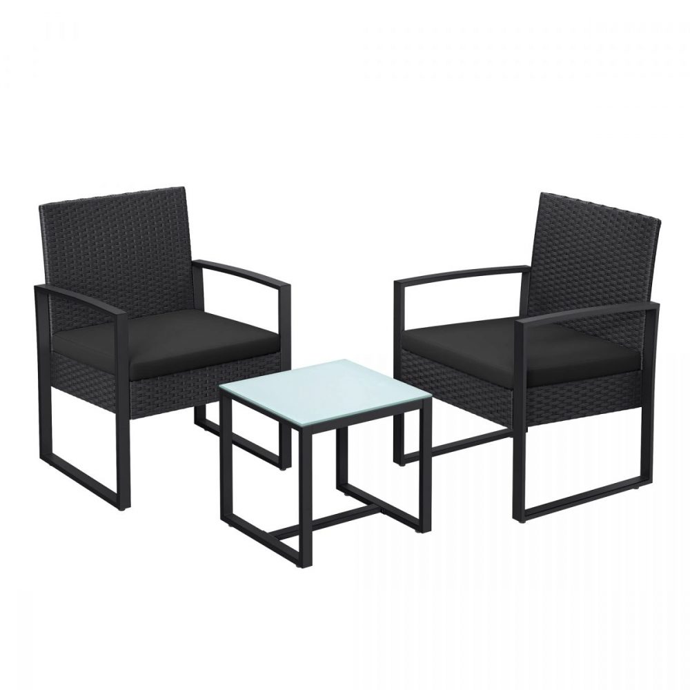 Conjunto muebles ratán jardín 3 piezas, sillas y mesa, negro