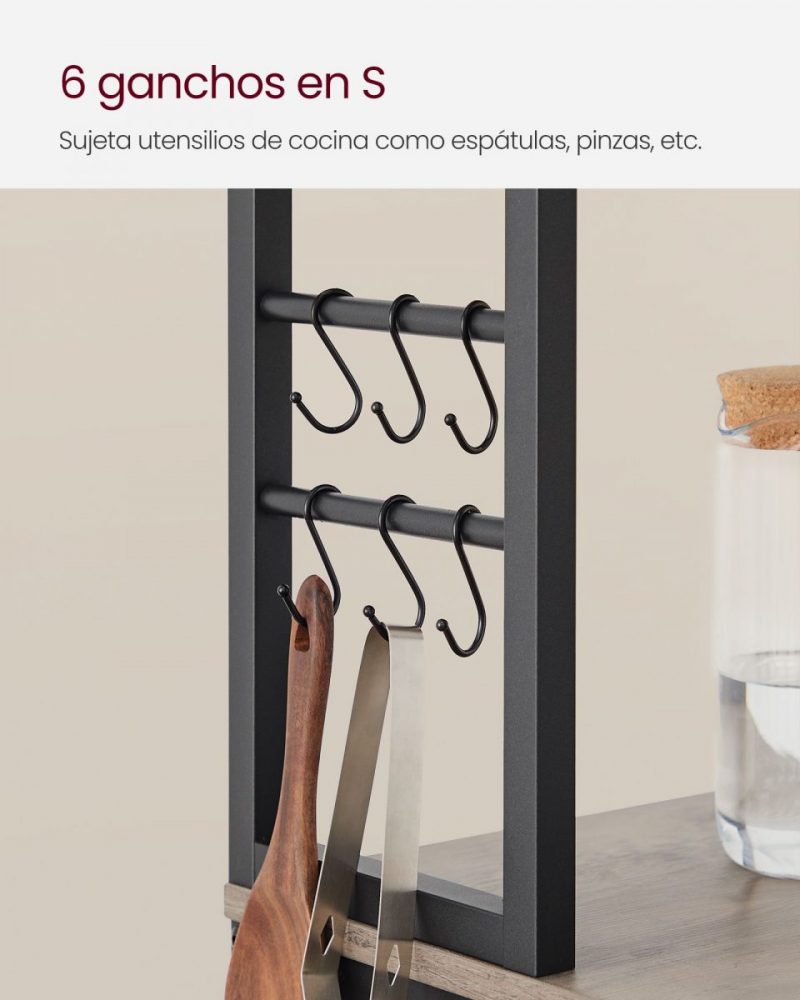 Estantería cocina industrial, estantes, 6 ganchos, greige y negro - Imagen 7