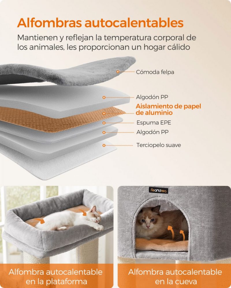 Árbol para gatos grande con almohadillas autocalentables, gris y blanco - Imagen 5
