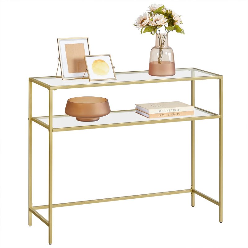 Mesa consola estantería 2 niveles, vidrio templado, metal, dorado y transparente