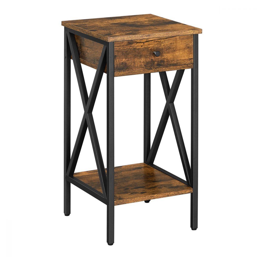 Mesita de noche industrial con cajón y estante, marrón y negro