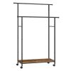 Perchero doble barra ajustable, ruedas, estante robusto, 100 kg, marrón rústico y negro tinta