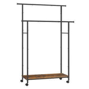 Perchero doble barra ajustable, ruedas, estante robusto, 100 kg, marrón rústico y negro tinta