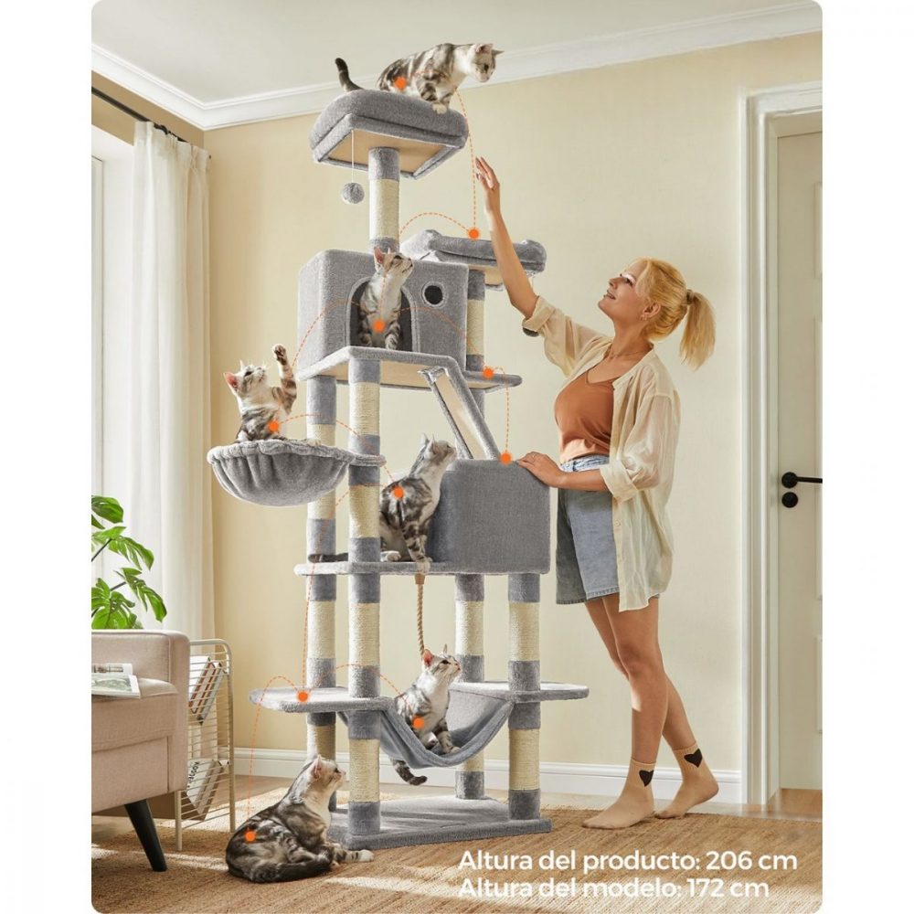 Árbol para gatos xxl de 206 cm, 13 postes, 2 plataformas, cuevas, hamaca, gris claro - Imagen 2