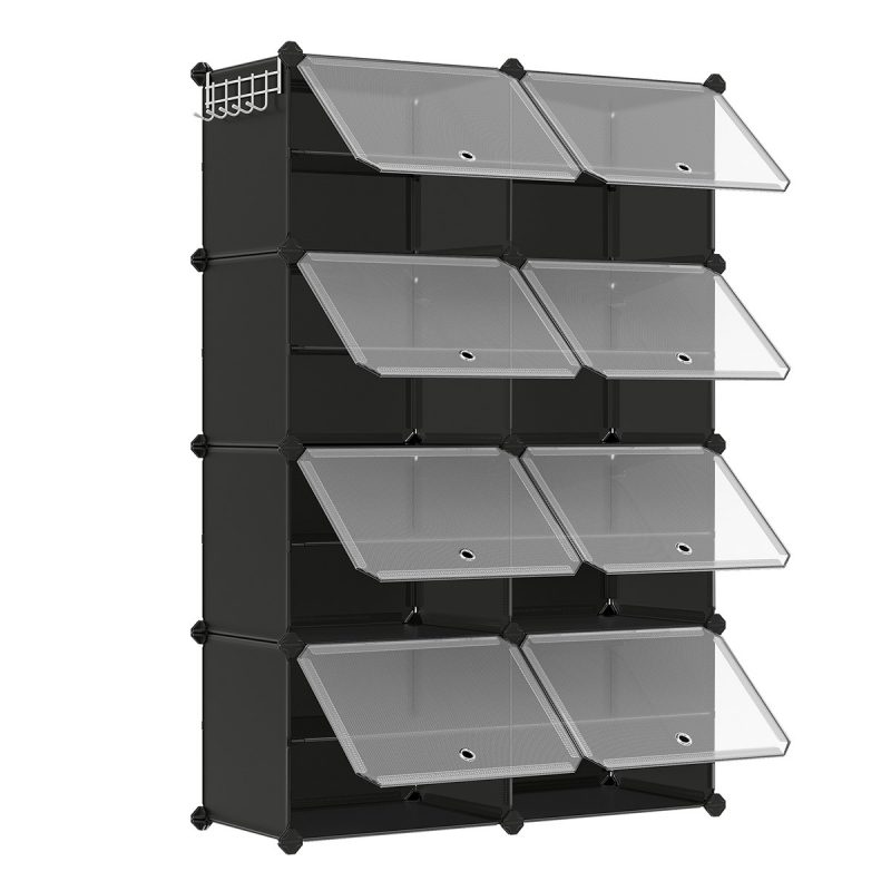 Zapatero modular plástico, 8 compartimentos, marco acero, negro