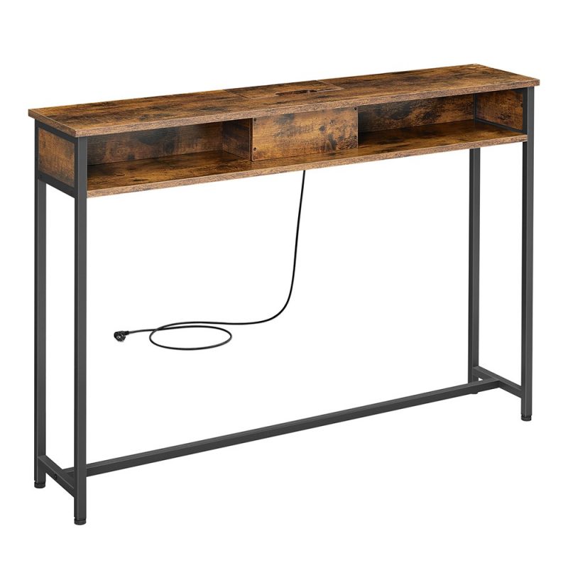 Mesa de consola delgada con multienchufe integrado, marrón rústico